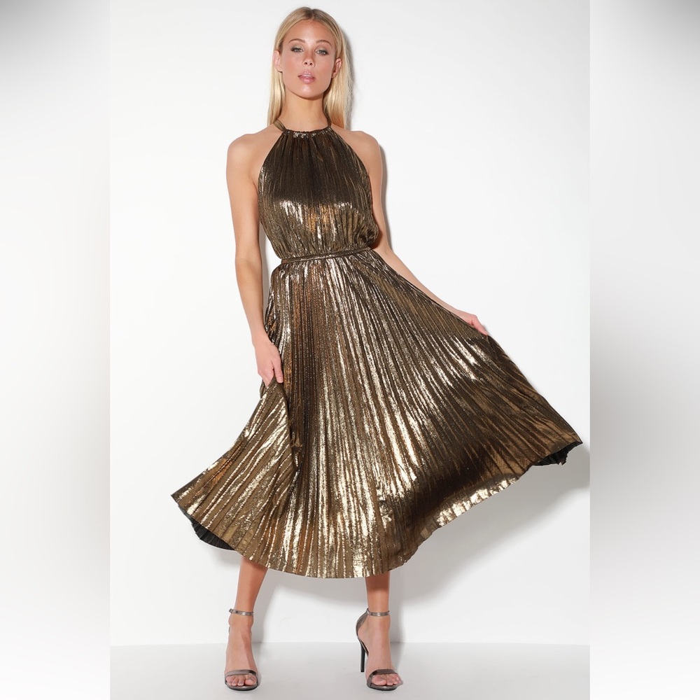 Gold Pleated Halter Midi Dress - FREE SHIPPING
